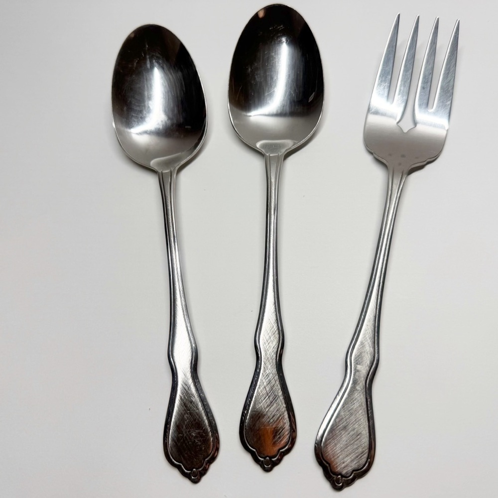 SSS Oneida Trinity Brushed Stainless Serving Spoons and Meat Fork Serveware